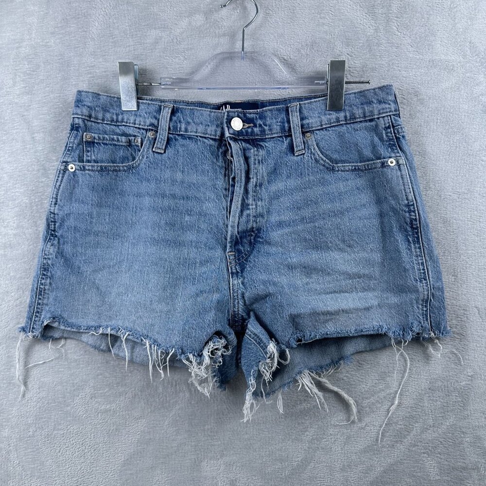 Gap Denim Cheeky Shorts High Rise Womens Size 14/32 Button Fly Raw Hem Blue